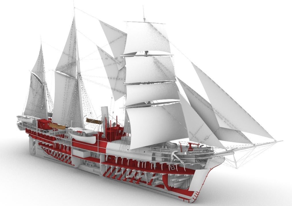 Three-dimensional rendering of Revenue Cutter Bear showing internal structure to resist the pressures of ice-bound seas. (Courtesy of Raymond Phipps) Three-dimensional rendering of Revenue Cutter Bear showing internal structure to resist the pressures of ice-bound seas. (Courtesy of Raymond Phipps)